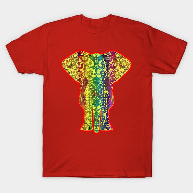 Rainbow Yellow Elephant On Red T-Shirt by Diego-t